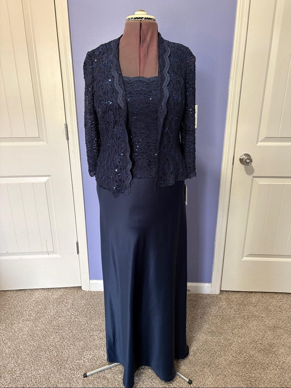 Alex Evenings Navy Lace Jacket & Gown Ensemble